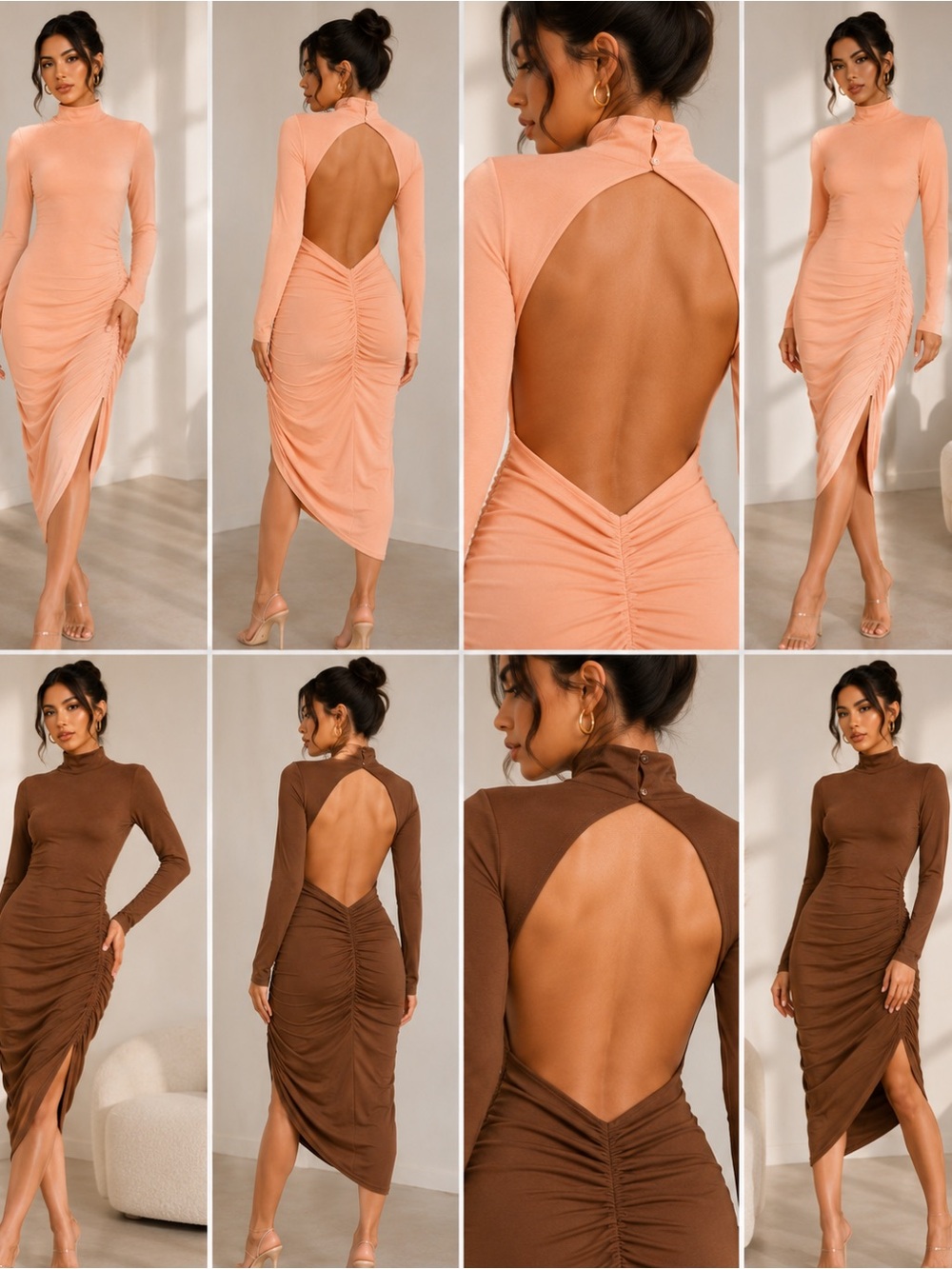Fashion Nova Peach & Brown Ruched Bodycon Dress Bundle Size M Preowned